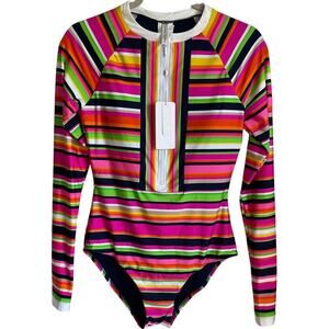 Trina Turk NEW Striped Paddle One Piece Swimsuit Sz M Zip Front Rash Guard UPF